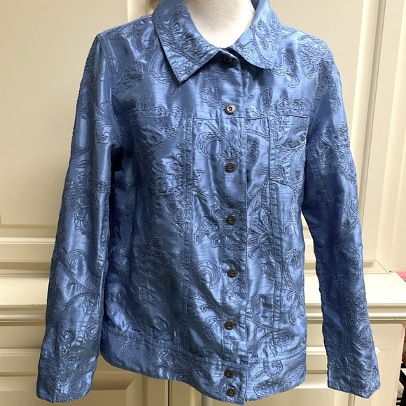 Susan Graver Blue Dupioni Texture Satin Floral Embroidery Jacket Coastal Grandma - Picture 4 of 12